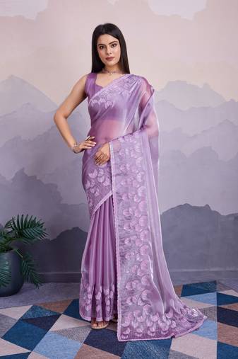 Lavender jimmi silk c thread sequins embroidery work heavy ceremonial saree