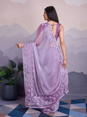 Lavender jimmi silk blend c thread sequins embroidery work heavy ceremonial saree 2