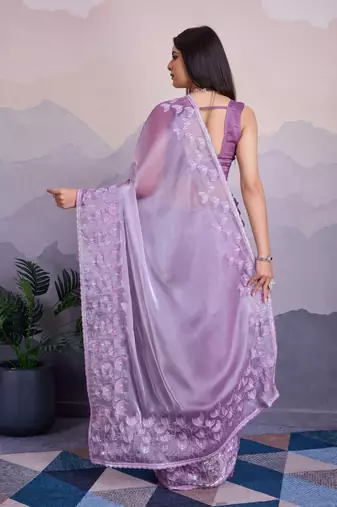 Lavender jimmi silk blend c thread sequins embroidery work heavy ceremonial saree
