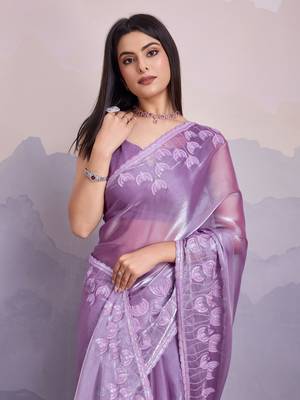 Lavender jimmi silk blend c thread sequins embroidery work heavy ceremonial saree 3