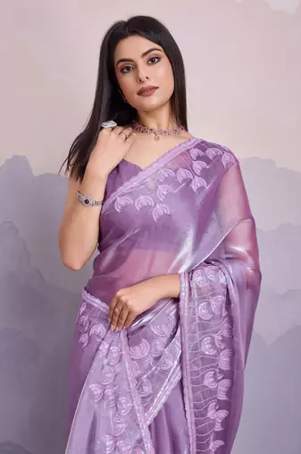 Lavender jimmi silk blend c thread sequins embroidery work heavy ceremonial saree