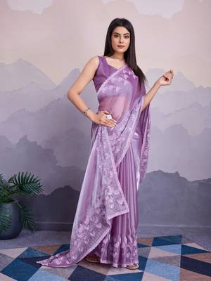 Lavender jimmi silk blend c thread sequins embroidery work heavy ceremonial saree 4