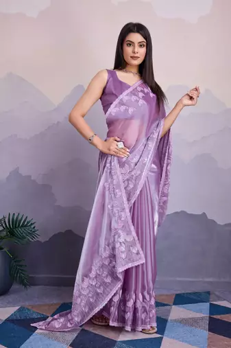 Lavender jimmi silk blend c thread sequins embroidery work heavy ceremonial saree