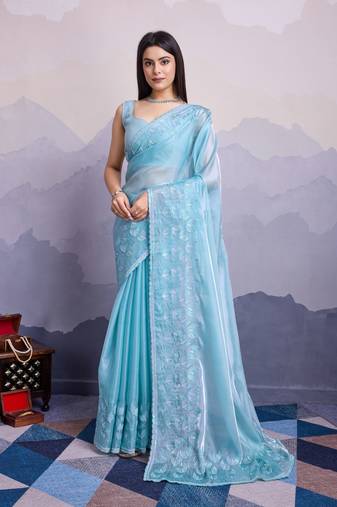 Sky blue Jimmi silk saree with thread sequins embroidery.