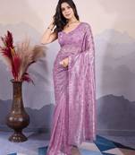 Purple twill net designer sequins embroidery work glamorous partywear saree