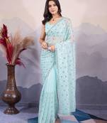 Sea green twill net designer sequins embroidery work glamorous partywear saree