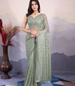 Green twill net designer sequins embroidery work glamorous partywear saree