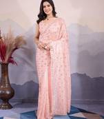 Peach twill net designer sequins embroidery work glamorous partywear saree
