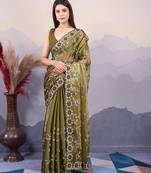 Green burberry silk designer sequins embroidery work girlie wedding wear saree