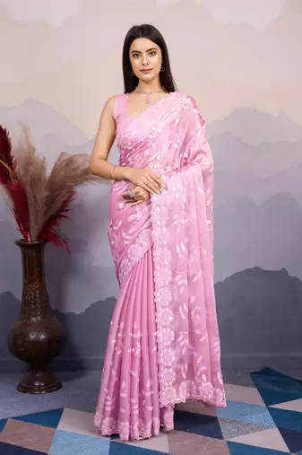Pink burberry silk designer sequins embroidery work girlie wedding wear saree
