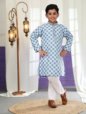 Sky blue floral printed cotton kurta & pant set for boys party,wedding outfits traditional wear 1