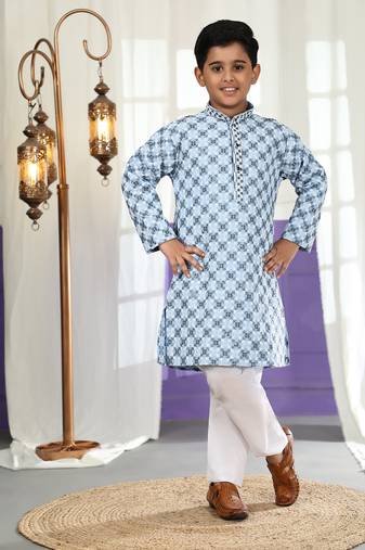 Sky blue floral printed cotton kurta & pant set for boys party,wedding outfits traditional wear