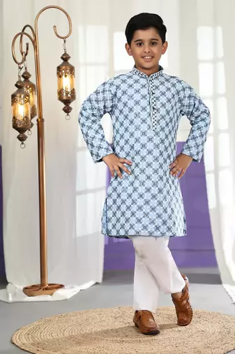 Sky blue floral printed cotton kurta & pant set for boys party,wedding outfits traditional wear