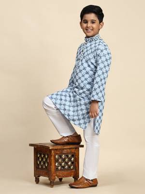 Sky blue floral printed cotton kurta & pant set for boys party,wedding outfits traditional wear 2