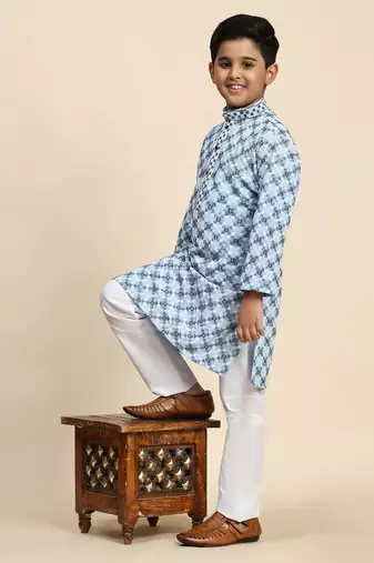 Sky blue floral printed cotton kurta & pant set for boys party,wedding outfits traditional wear