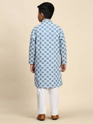 Sky blue floral printed cotton kurta & pant set for boys party,wedding outfits traditional wear 3
