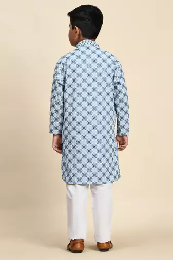 Sky blue floral printed cotton kurta & pant set for boys party,wedding outfits traditional wear