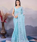 Sky blue burberry silk designer sequins embroidery work girlie wedding wear saree