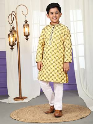 Yellow floral printed cotton kurta & pant set for boys party,wedding outfits traditional wear 1