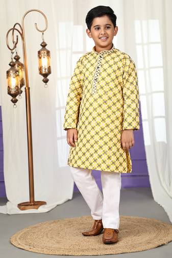 Yellow floral printed cotton kurta & pant set for boys party,wedding outfits traditional wear