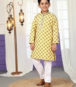 Yellow floral printed cotton kurta & pant set for boys party,wedding outfits traditional wear