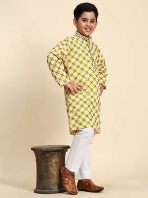 Yellow floral printed cotton kurta & pant set for boys party,wedding outfits traditional wear 2