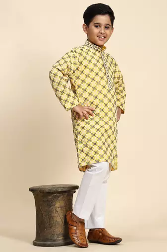 Yellow floral printed cotton kurta & pant set for boys party,wedding outfits traditional wear