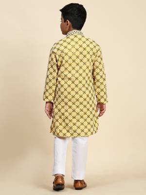 Yellow floral printed cotton kurta & pant set for boys party,wedding outfits traditional wear 3