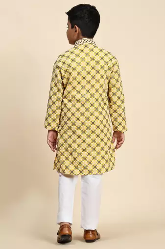 Yellow floral printed cotton kurta & pant set for boys party,wedding outfits traditional wear