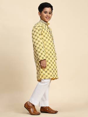 Yellow floral printed cotton kurta & pant set for boys party,wedding outfits traditional wear 4