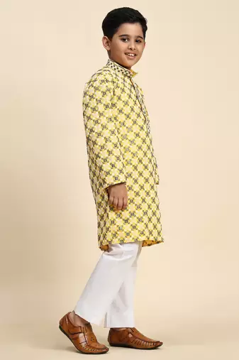 Yellow floral printed cotton kurta & pant set for boys party,wedding outfits traditional wear