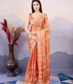 Orange burberry silk designer sequins embroidery work girlie wedding wear saree