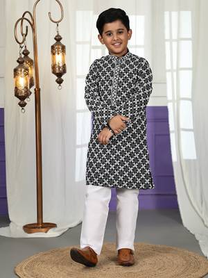 Black floral printed cotton kurta & pant set for boys party,wedding outfits traditional wear 1