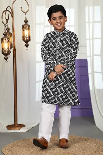 Black floral printed cotton kurta & pant set for boys party,wedding outfits traditional wear