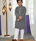 Black floral printed cotton kurta & pant set for boys party,wedding outfits traditional wear