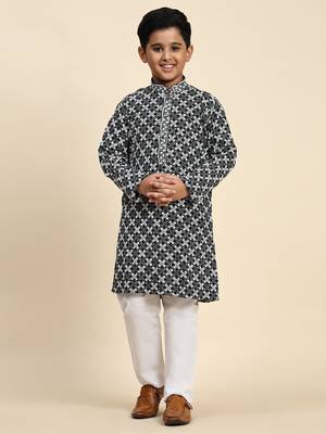 Black floral printed cotton kurta & pant set for boys party,wedding outfits traditional wear 2