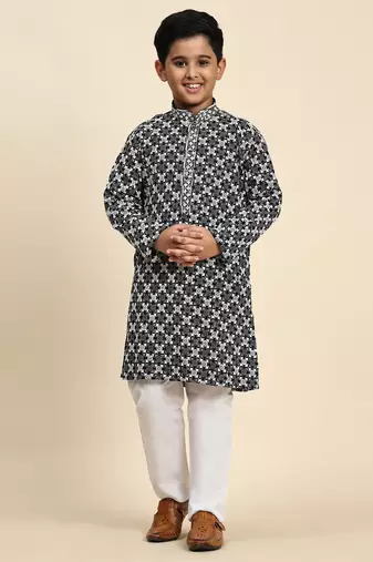 Black floral printed cotton kurta & pant set for boys party,wedding outfits traditional wear