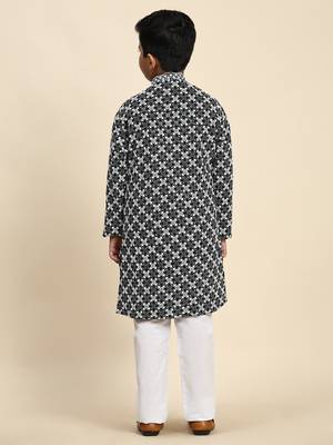 Black floral printed cotton kurta & pant set for boys party,wedding outfits traditional wear 3