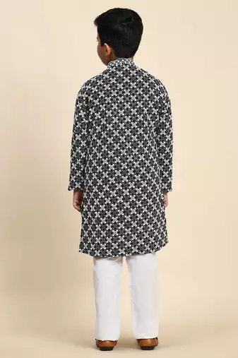 Black floral printed cotton kurta & pant set for boys party,wedding outfits traditional wear
