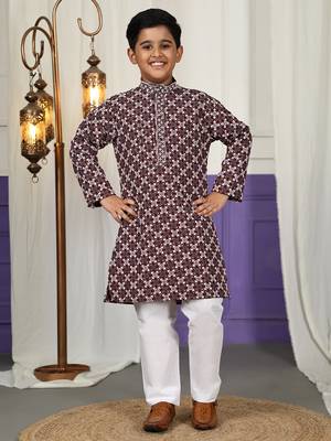 Maroon floral printed cotton kurta & pant set for boys party,wedding outfits traditional wear 1