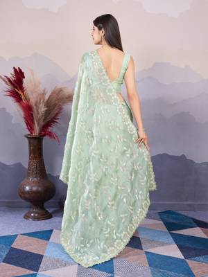 Pista burberry silk designer sequins embroidery work girlie wedding wear saree 2