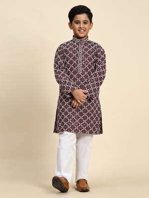 Maroon floral printed cotton kurta & pant set for boys party,wedding outfits traditional wear 2