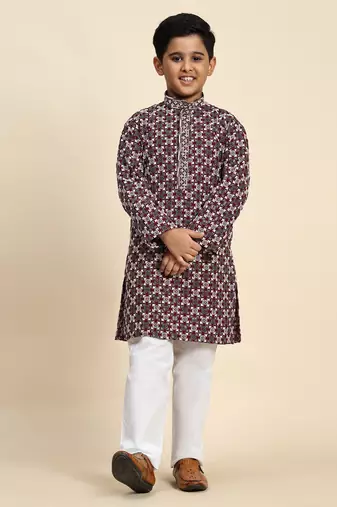 Maroon floral printed cotton kurta & pant set for boys party,wedding outfits traditional wear
