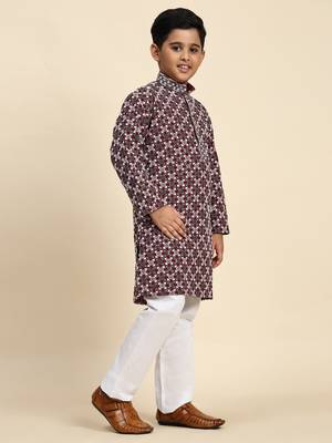 Maroon floral printed cotton kurta & pant set for boys party,wedding outfits traditional wear 3