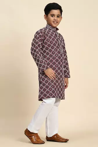Maroon floral printed cotton kurta & pant set for boys party,wedding outfits traditional wear