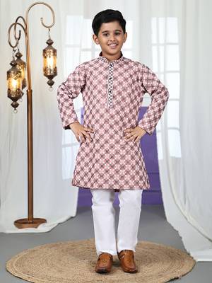 Peach floral printed cotton kurta & pant set for boys party,wedding outfits traditional wear 1