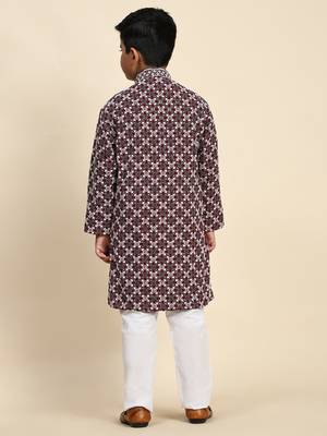 Maroon floral printed cotton kurta & pant set for boys party,wedding outfits traditional wear 4