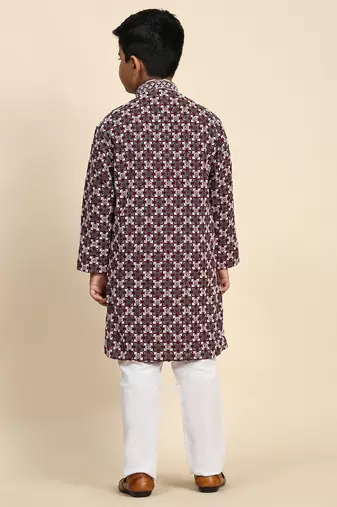 Maroon floral printed cotton kurta & pant set for boys party,wedding outfits traditional wear