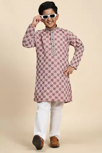 Peach floral printed cotton kurta & pant set for boys party,wedding outfits traditional wear