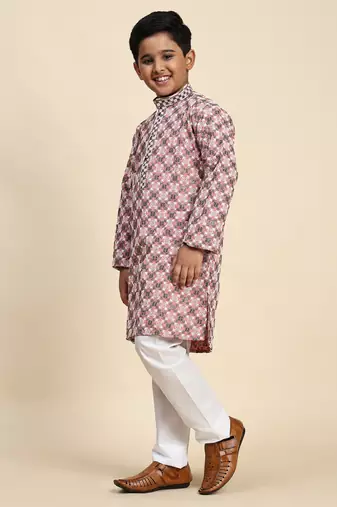 Peach floral printed cotton kurta & pant set for boys party,wedding outfits traditional wear